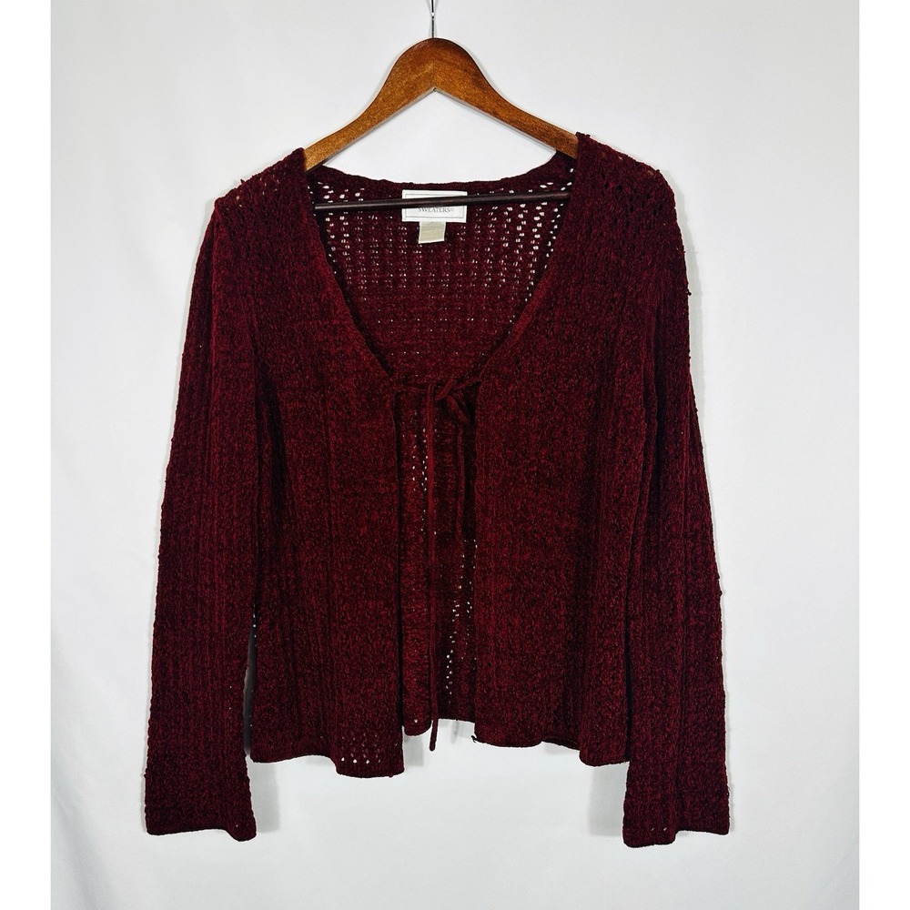 Vintage Hand Knit Velvet Tie Front Cardigan Size L 90s Vamp Whimsigoth Witchy - Picture 2 of 9